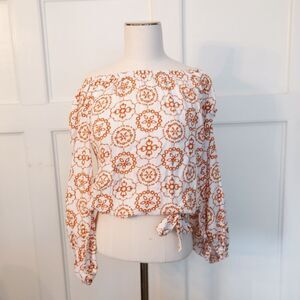Burnt Orange Top Off-Shoulder Vince Camuto XS Boho Balloon Sleeve
